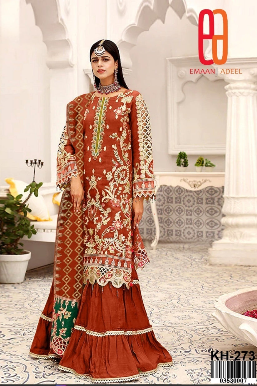 Golden Bloom – KHA-273 | Organza Shirt with Organza Dupatta & Contrast Pallu (Golden Tilla Work)