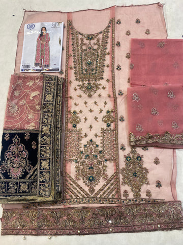 Golden Grace – KH-258 | Organza Shirt with Organza Dupatta & Velvet Pallu (Golden Tilla Work)