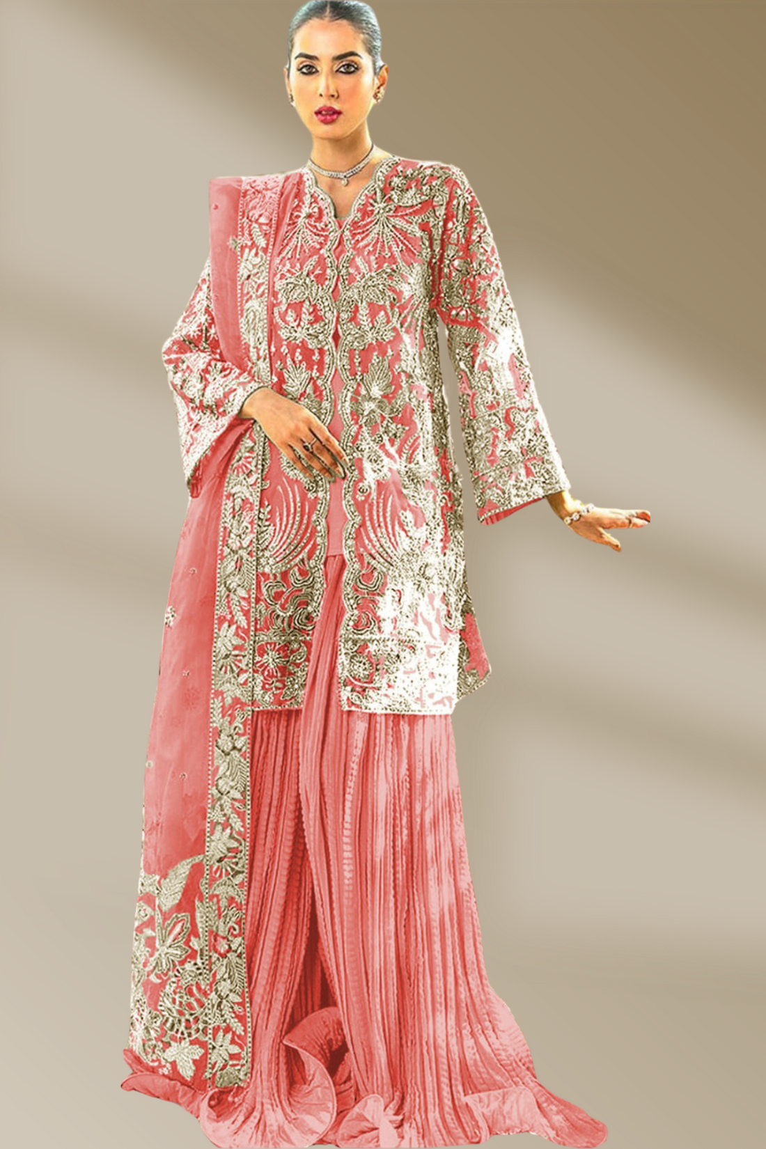 KH-281: Golden Tilla & White Sequin Embroidered Organza Ensemble