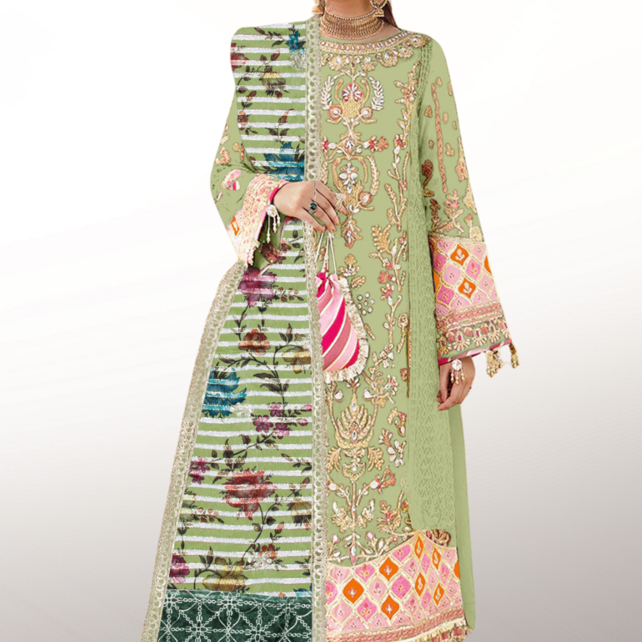 KH-292: Golden Tilla & Dhagga Embroidered Organza Ensemble