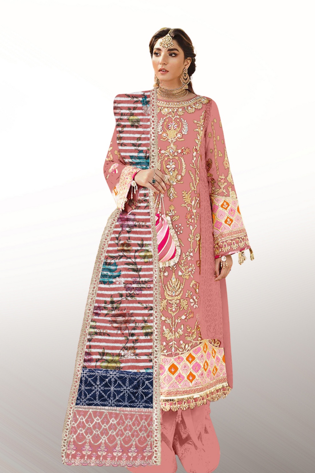 KH-292: Golden Tilla & Dhagga Embroidered Organza Ensemble