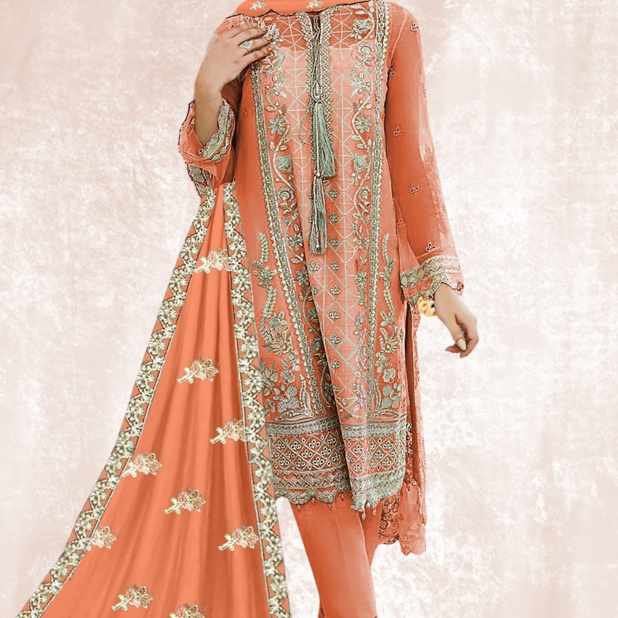 KH-304: Golden Tilla Embroidered Organza Ensemble