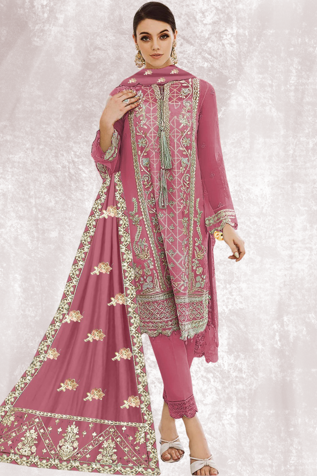 KH-304: Golden Tilla Embroidered Organza Ensemble