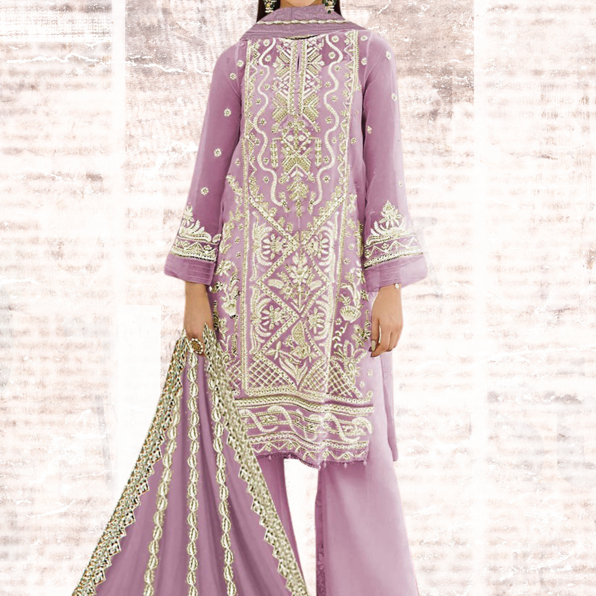 KH-305: Golden Tilla & White Dhagga Embroidered Organza Ensemble