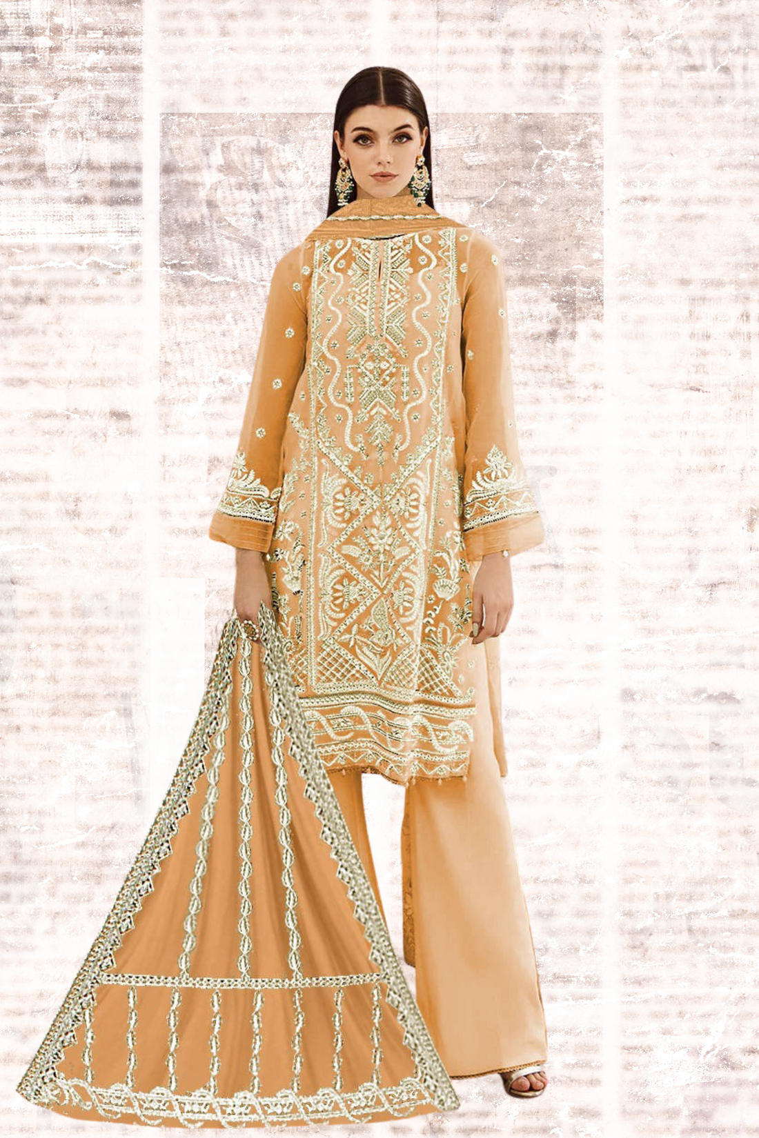 KH-305: Golden Tilla & White Dhagga Embroidered Organza Ensemble