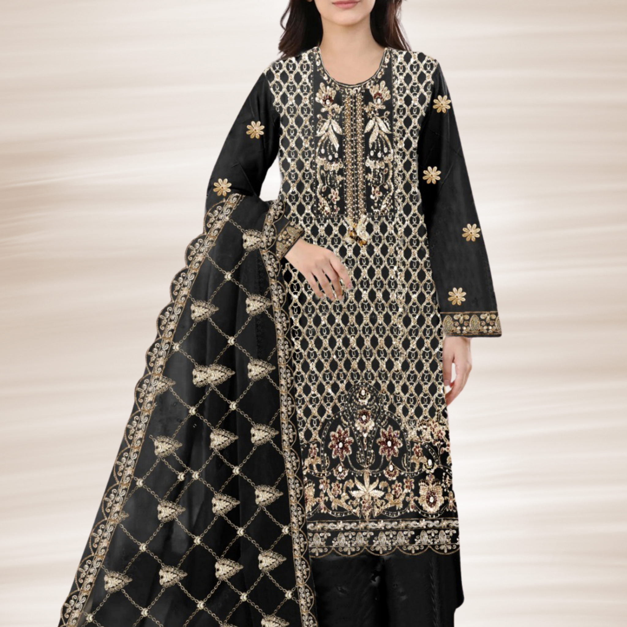 KH-306: Copper Tilla & Sequin Embroidered Ensemble