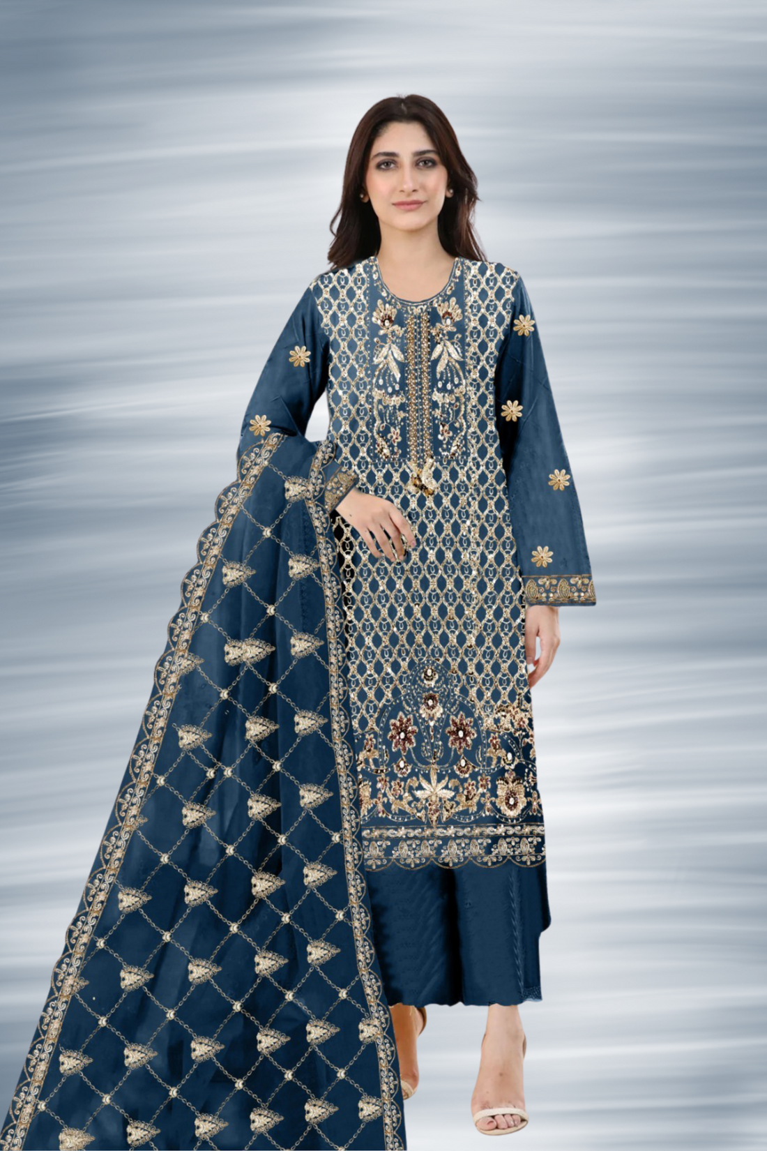 KH-306: Copper Tilla & Sequin Embroidered Ensemble