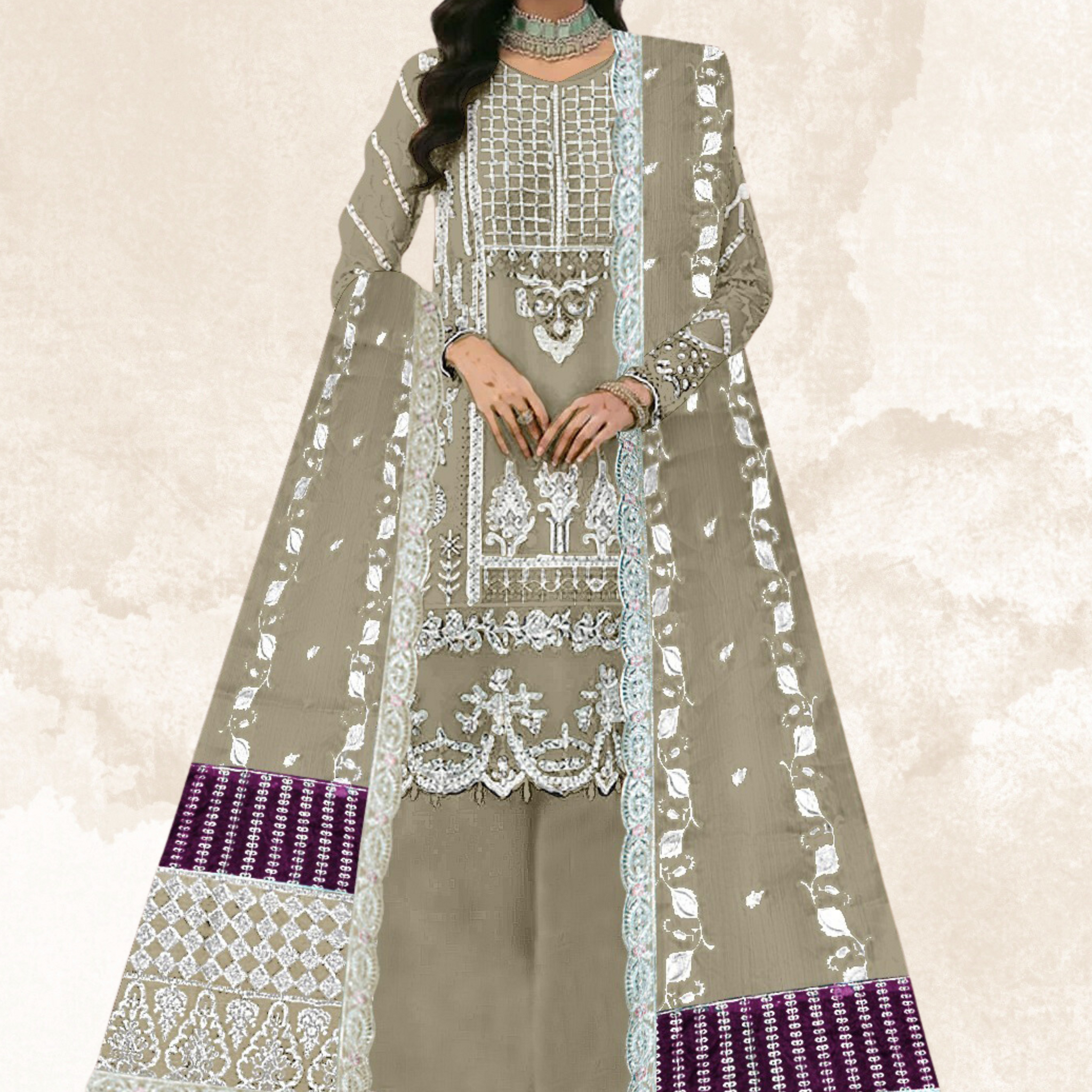 KH-309: Silver Tilla Embroidered Organza Ensemble