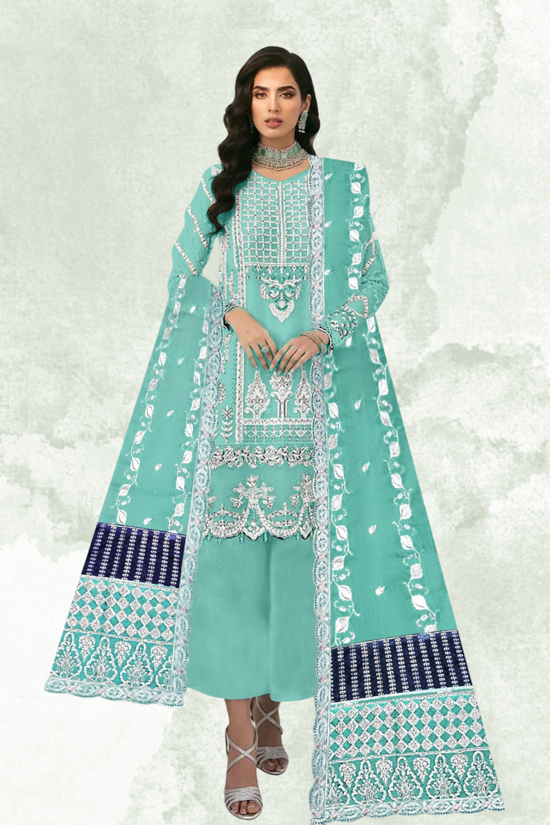 KH-309: Silver Tilla Embroidered Organza Ensemble