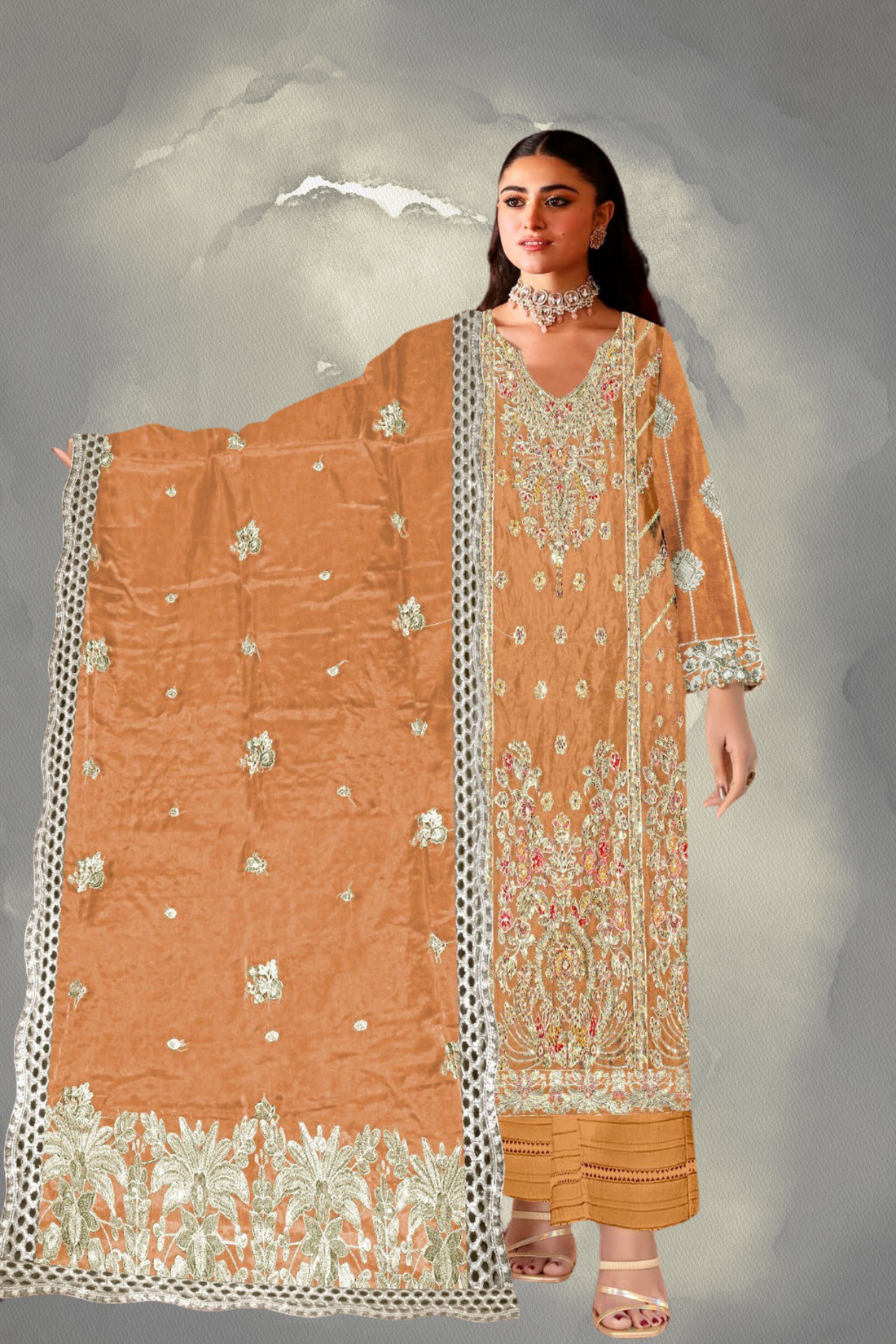 KH-310: Golden Tilla & Sequin Embroidered Organza Ensemble