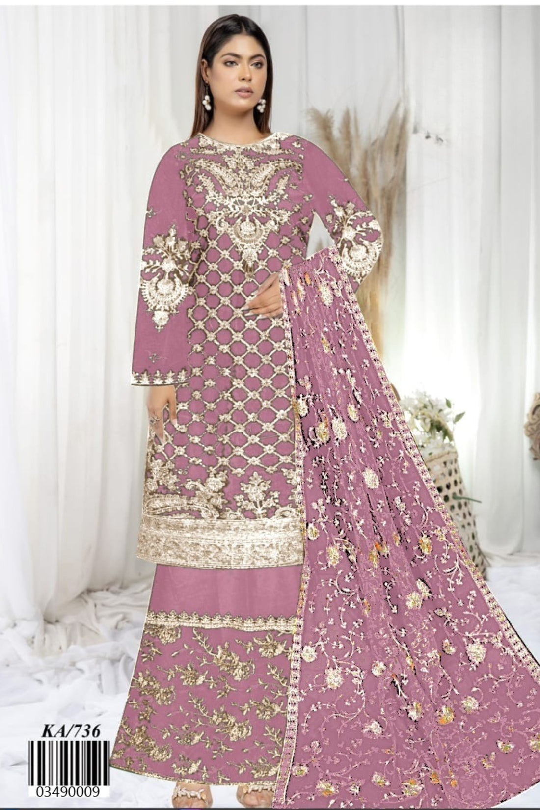 Golden Shimmer – KA 736 | Net 3-Piece Embroidered Dress with Golden Tilla & Sequence Work